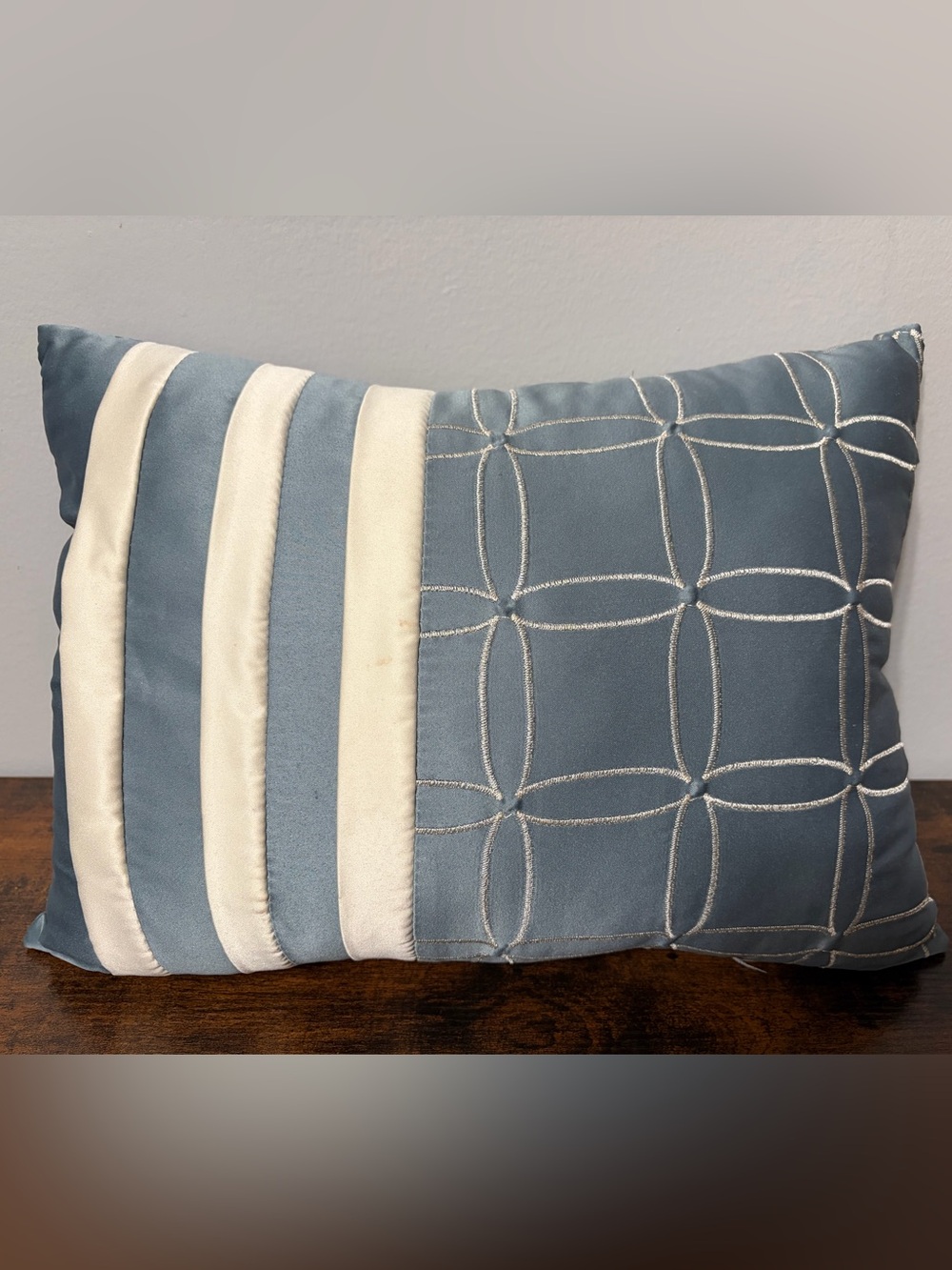 Blue and Cream Decorative Throw Pillow - Elegant Embroidered Design